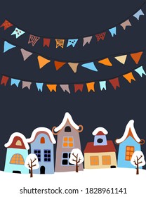 Winter scene with European city houses and flags at night time. Xmas concept made in vector.
