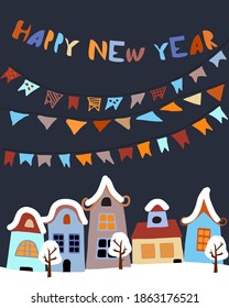 Winter scene with European city houses and flags at night time. New Year greeting card made in vector.
