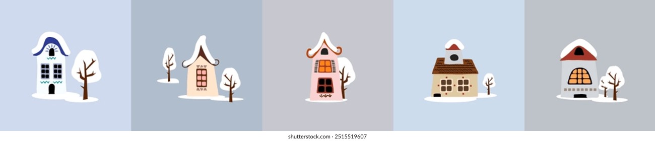 Winter scene with european city houses cards set. Xmas and new year concept made in vector.