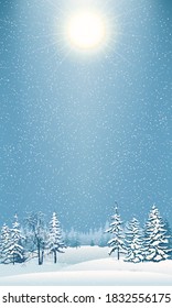 Winter Scene With Falling Snow. Snow-covered Trees On The Background Of The Forest. Snowdrifts Sparkling In The Cold And Frozen Fir Trees. Christmas Snowfall. Vector Illustration.