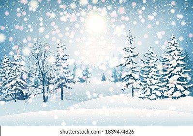 Winter scene with falling snow. Snow-covered trees on the background of the forest. Snowdrifts sparkling in the cold and frozen fir trees. Christmas snowfall. Vector illustration.