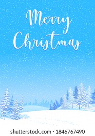 Winter scene with falling snow. Snow-covered trees on the background of the forest. Snowdrifts sparkling in the cold and frozen fir trees. Christmas snowfall. Vector illustration.