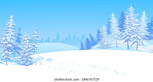 Winter scene with falling snow. Snow-covered trees on the background of the forest. Snowdrifts sparkling in the cold and frozen fir trees. Christmas snowfall. Vector illustration.