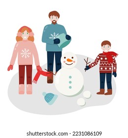 Winter scene with family making snowmen outside and having fun, vector