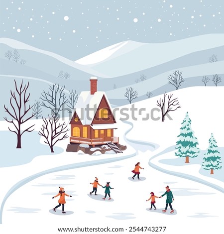 Winter scene featuring a cozy cabin in snowy mountains with a group of people ice skating on a frozen lake. Starry night sky, bare trees, and snow-covered landscape create a festive holiday atmosphere