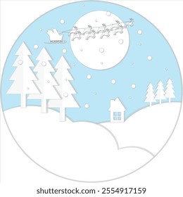 A winter scene flat paper style of Santa's sleigh and reindeer flying across a full moon, snow-covered trees, a small house, and falling snowflakes. 

