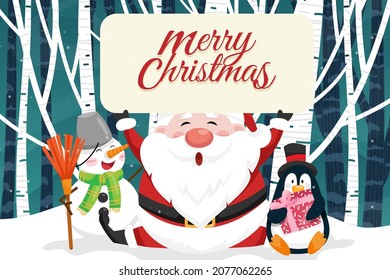Escena de invierno en el bosque Santa Claus sostiene una pancarta con un muñeco de nieve y un pingüino en la nieve. Papá Noel sostiene un cartel vacío para tarjetas de Navidad, invitaciones y sitio web. Celebración de ilustración de vector