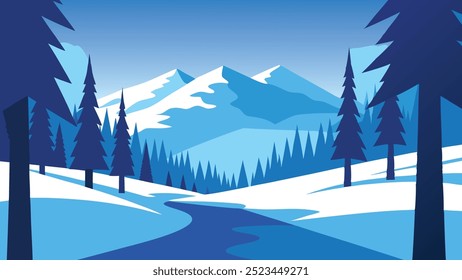 Cena de inverno de uma floresta, onde as árvores são adornadas com uma camada espessa de neve, evocando uma atmosfera pacífica ilustração vetor plana