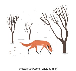 Winter scene with a fox running in the snow. Red fox in the forest. Vector illustration.