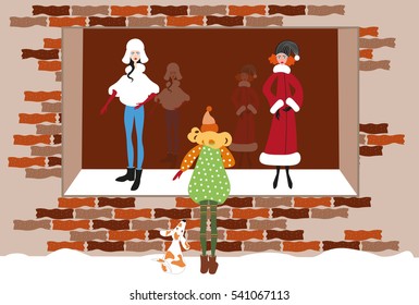 Winter scene with a funny girl with a dog looking at the fashion shop window