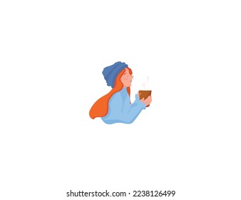 Winter scene  girl with bright hair in blue and with cup of coffee in hand