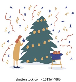 Winter scene with a girl and a Christmas tree.Christmas scene with the image of a tree. Vector illustration in flat style. Walk in the winter, play with children on winter holidays. Vector