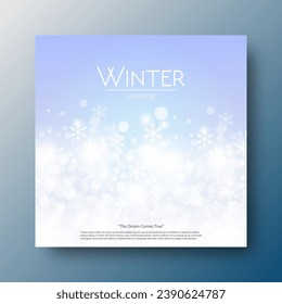 Winter scene with glowing snowflakes banner background on square design template for place text advertisement.