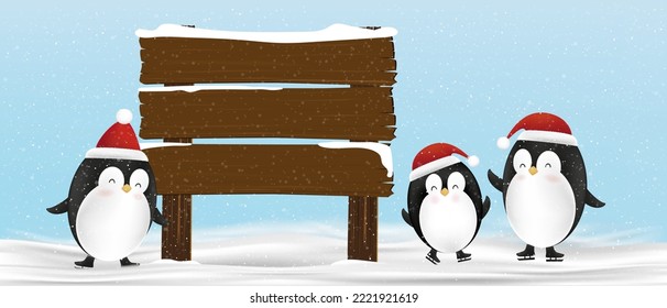 Winter scene group of cute Penguins standing with Wood sign post, Vector funny penguin cartoon character wearing red Christmas hat playing ice skating on snow, Christmas and New Year 2023 greeting card 