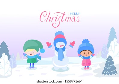 Winter Scene with happy children playing outside making snowmen, having fun. Vector illustration of kids winter activities