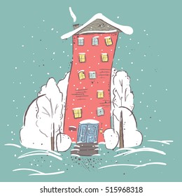  Winter scene with house and trees. Children's clothing shirt. Cute winter landscape      Merry Christmas  with Winter City Landscape. House in the snow. Winter house. Winter. Trees in the snow.