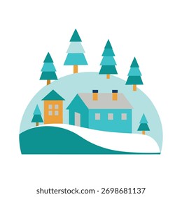 Escena de invierno con casa y árboles en la colina cubierta de nieve. Ilustración de estilo minimalista de paisaje de invierno.