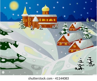 Winter scene with houses and church