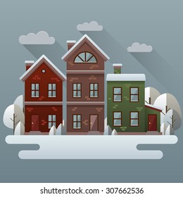 Winter scene illustration. Vector image with houses and trees in snow.