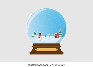 A winter scene inside a snow globe with a smiling snowman stands on snowy hills and a small red house with a chimney adds warmth to the wintry landscape surrounded by evergreen trees.