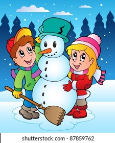 Winter scene with kids 2 - vector illustration.
