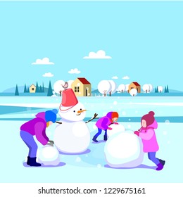 Winter scene with kids making snowman and villadge landscape.Vector illustracion. 