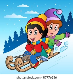 Winter scene with kids on sledge - vector illustration.