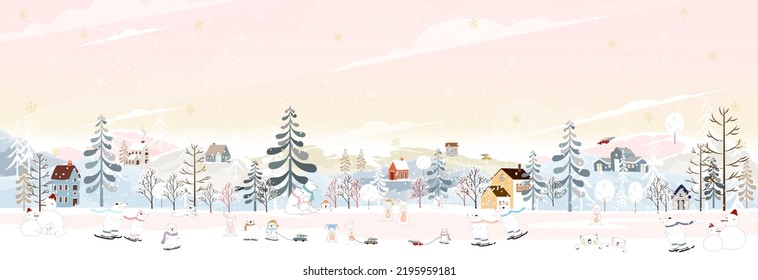 Winter scene landscape on Christmas night, polar bear and rabbit playing ice skate in city park,Vector banner Winter wonderland bunny,bear celebrate in forest,Merry Christmas ,New year 2023 background