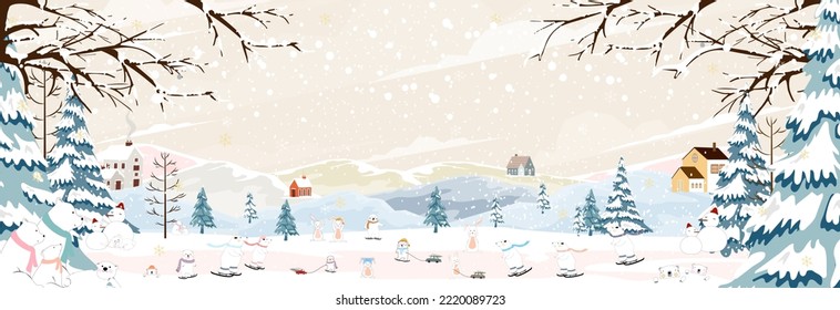 Winter scene landscape on Christmas night, polar bear and rabbit playing ice skate in city park,Vector banner Winter wonderland bunny,bear celebrate in forest,Merry Christmas ,New year 2024 background