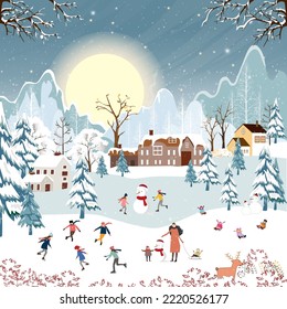 Winter scene landscape on Christmas night,Vector banner cute winter wonderland in the town with happy kids sledding and playing ice skates in the park,Merry Christmas ,New year 2023 background