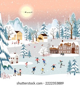 Winter scene landscape on Christmas night,Vector banner cute winter wonderland in the town with happy kids sledding and playing ice skates in the park,Merry Christmas ,New year 2023 background