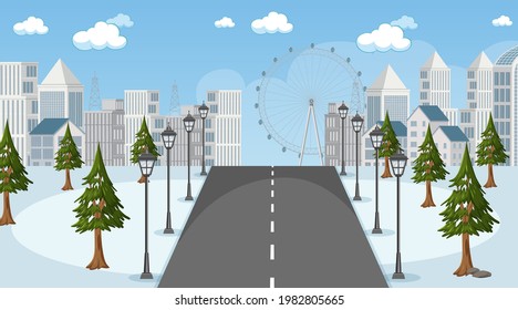 Escena de invierno con un largo camino a través del parque a la ilustración de la ciudad