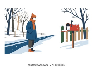 Winter scene man by road, fence, and mailbox in snow. Cold, rural, seasonal, delivery.