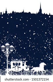 winter scene in medieval city with carriage and streetlight - fairy tale christmas vector background