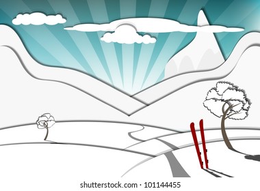 Winter scene with mountains in background, eps10 vector