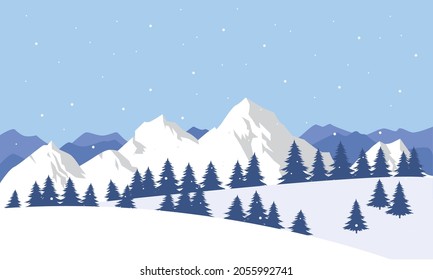 Winter Scene With Mountains Landscape. Christmas Background. Vector Illustration