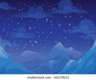 Winter scene with mountains landscape, night starry sky and clouds. Vector illustration in faceted flat style. Background for your artworks, design and prints. Snowy mountains in night.