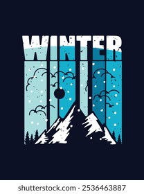 Una escena de invierno con montañas y nieve en el fondo de estilo vintage diseño de la camiseta 