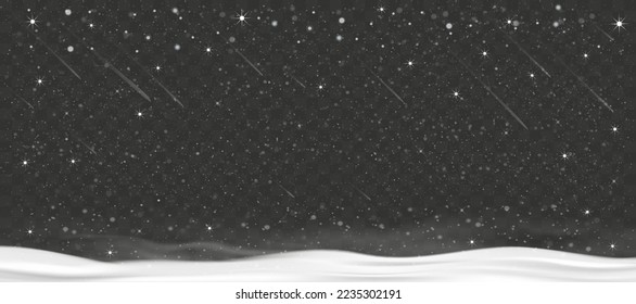 Winter scene Night Starry sky,Snow falling on transparent background,Vector bright calm tranquil serene glitter starlight spark twinkle dusk dust cloud nightfall shape on snowdrifts, Christmas Banner