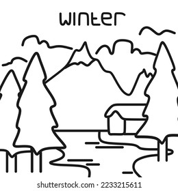 Winter scene outline icon, winter background with snow, pine trees, house, lake, river, mountains, and clouds. vector illustration in trendy design style, isolated on white background. Special for you