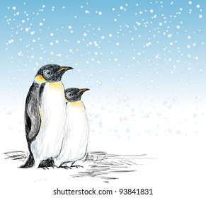 Winter scene with penguins hand drawn