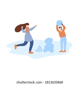 Winter scene with people, winter games. Christmas scene for adults and children. Vector illustration in flat style. Walk in the winter, play with children on winter holidays. Christmas story. Vector