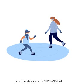 Winter scene with people, winter games. Christmas scene for adults and children. Vector illustration in flat style. Walk in the winter, play with children on winter holidays. Christmas story. Vector