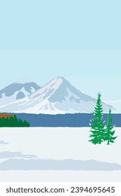 Winter scene of pine trees with the background of snow covered mountains with the forest. Illustration vector for Christmas.