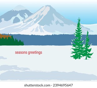 Winter scene of pine trees with the background of snow covered mountains with the forest with text Seasons Greetings. Illustration vector for Christmas.