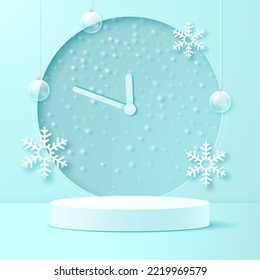 Winter scene with a podium against the background of a snow clock, large snowflakes and Christmas balls.