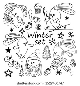 Winter scene with rabbits. Winter fun, skiing, skating, sledding.  Snowflake, fir, garland, a gingerbread house.