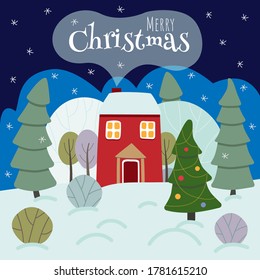 Winter scene with a red house, trees and a Christmas tree. Merry Christmas.