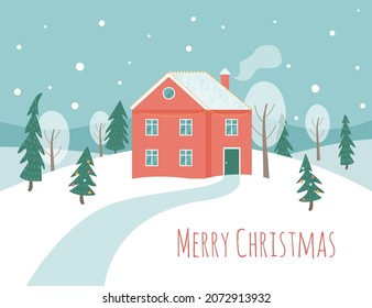 Winter scene with a red house, trees and a Christmas tree. Red cottage in the snowy hills. Merry Christmas. Vector flat illustration. 