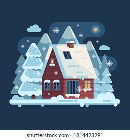 Winter scene with rural snow house and chimney on mountain forest background. Cozy cabin or traditional farm home on countryside area.